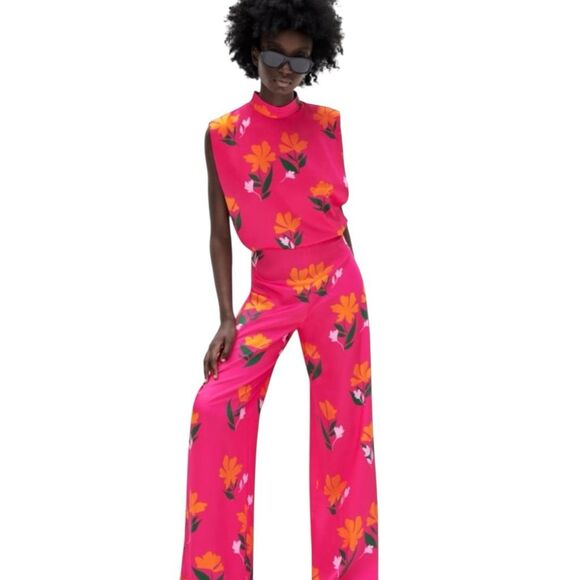 Zara Pink Orange Floral Mock Neck Sleeveless Open Back Cutout Jumpsuit Size XS - Picture 6 of 6